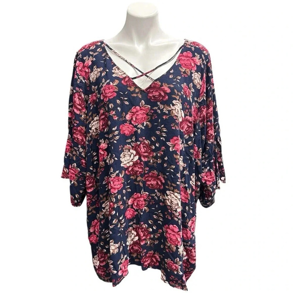 Torrid Plus Navy Floral Split Bell Sleeve Crisscross Neckline Crepe Blouse boho - Picture 4 of 10